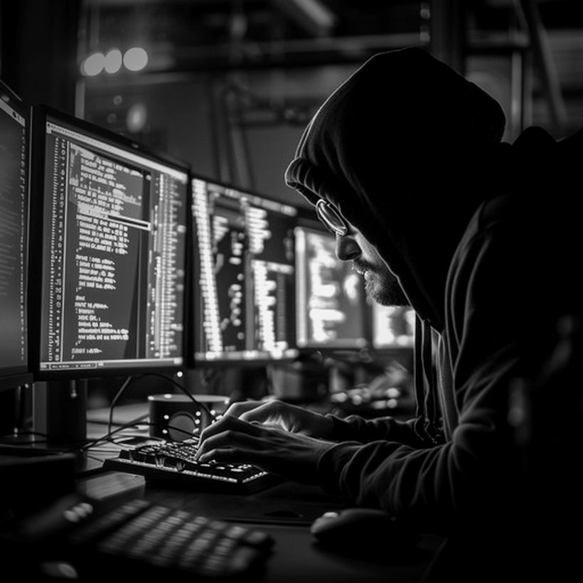 A hooded threat actor at a bank of monitors